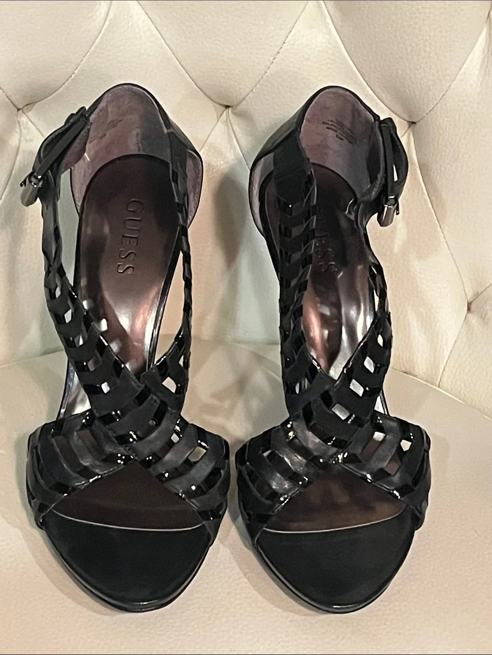 Guess by Marciano Glossy Black Leather Strappy Stiletto Sandals 8.5
